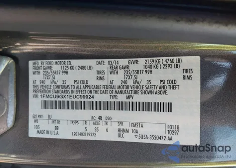 2014 Ford Escape Se from USA, damaged, VIN 1FMCU9GX1EUC99924